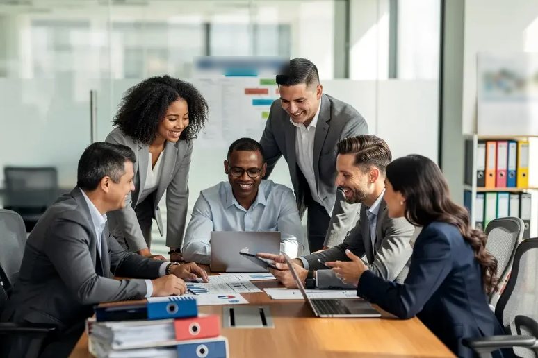 A team works through an AI policy together around a conference table